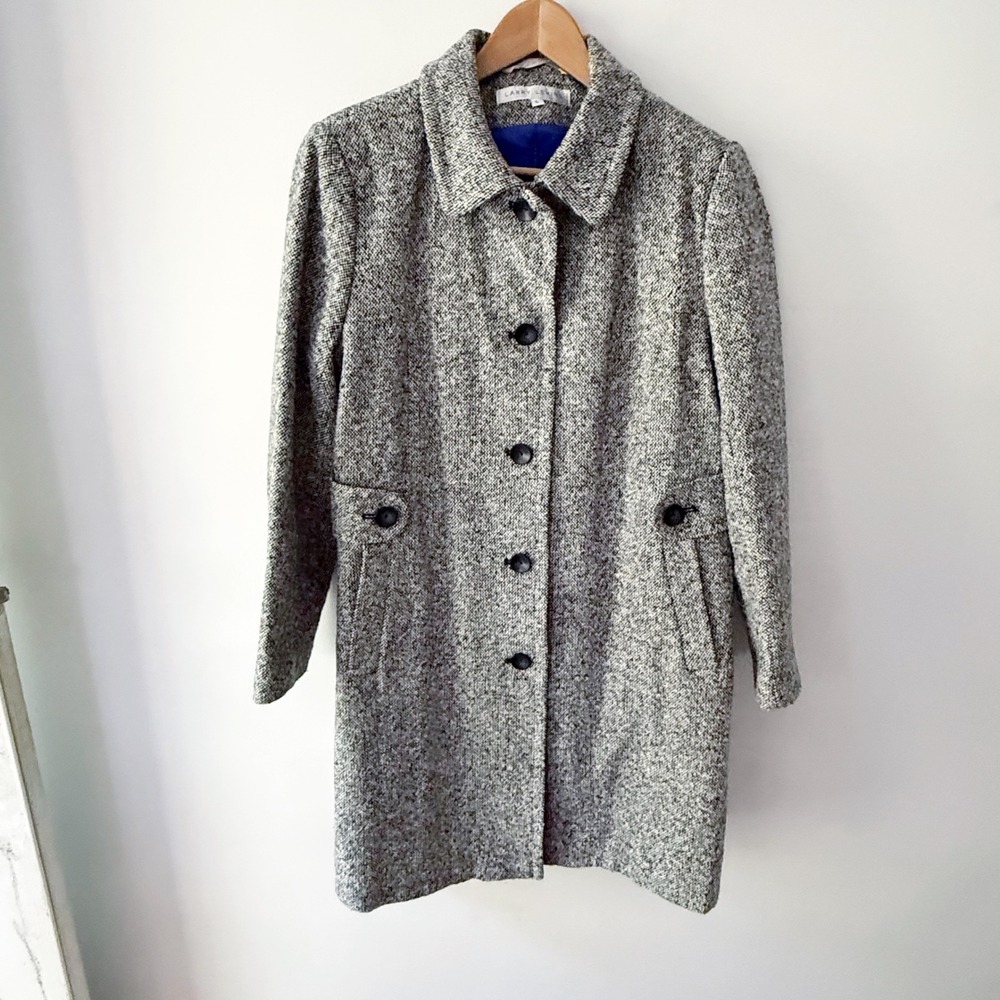 Larry Levine Wool Blend Coat Women Large Tweed Pea Coat Winter Warm Classic